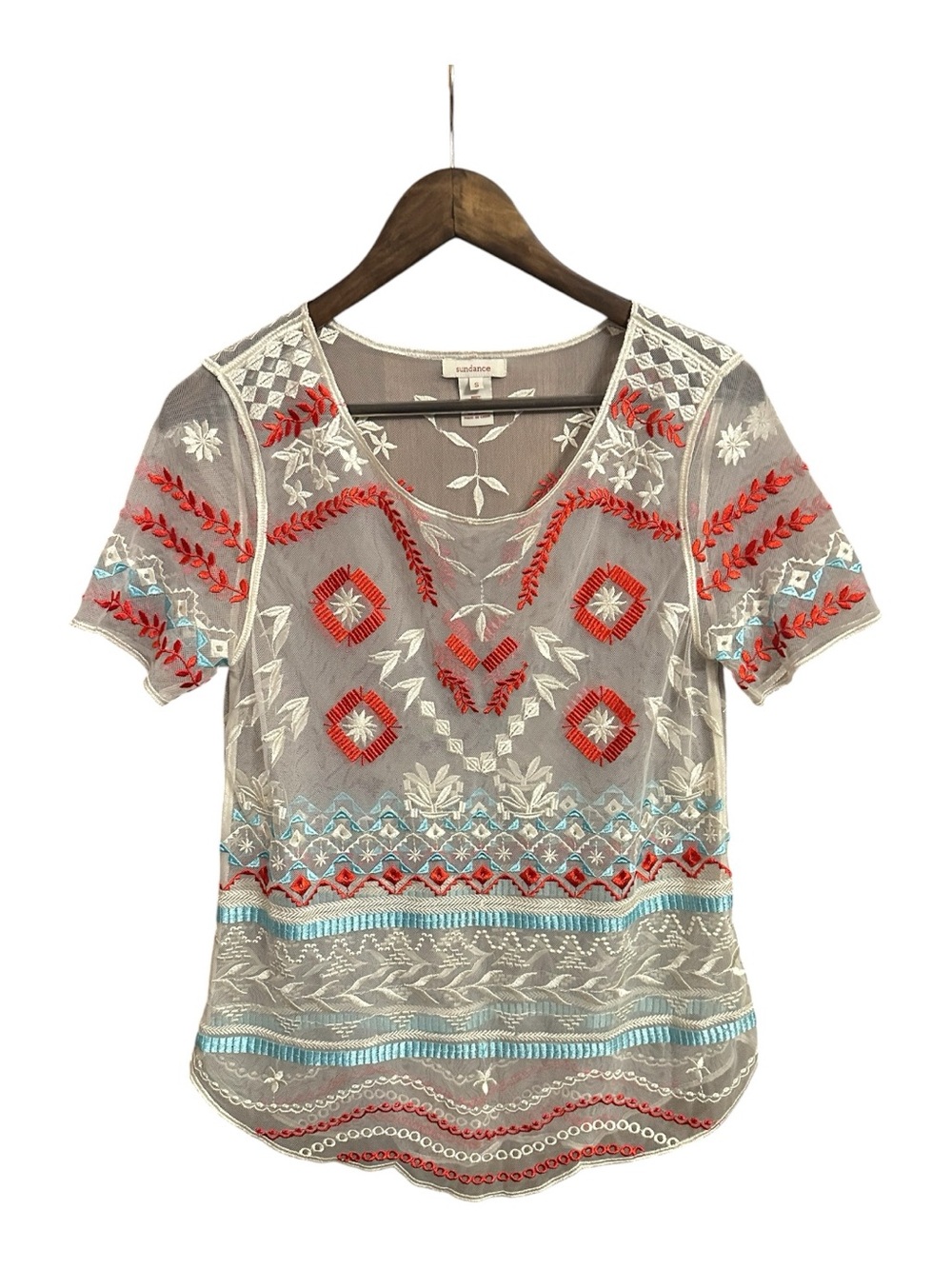 Sundance Mesh Top Floral Embroidered Boho Sheer Blouse Size Small Oversized